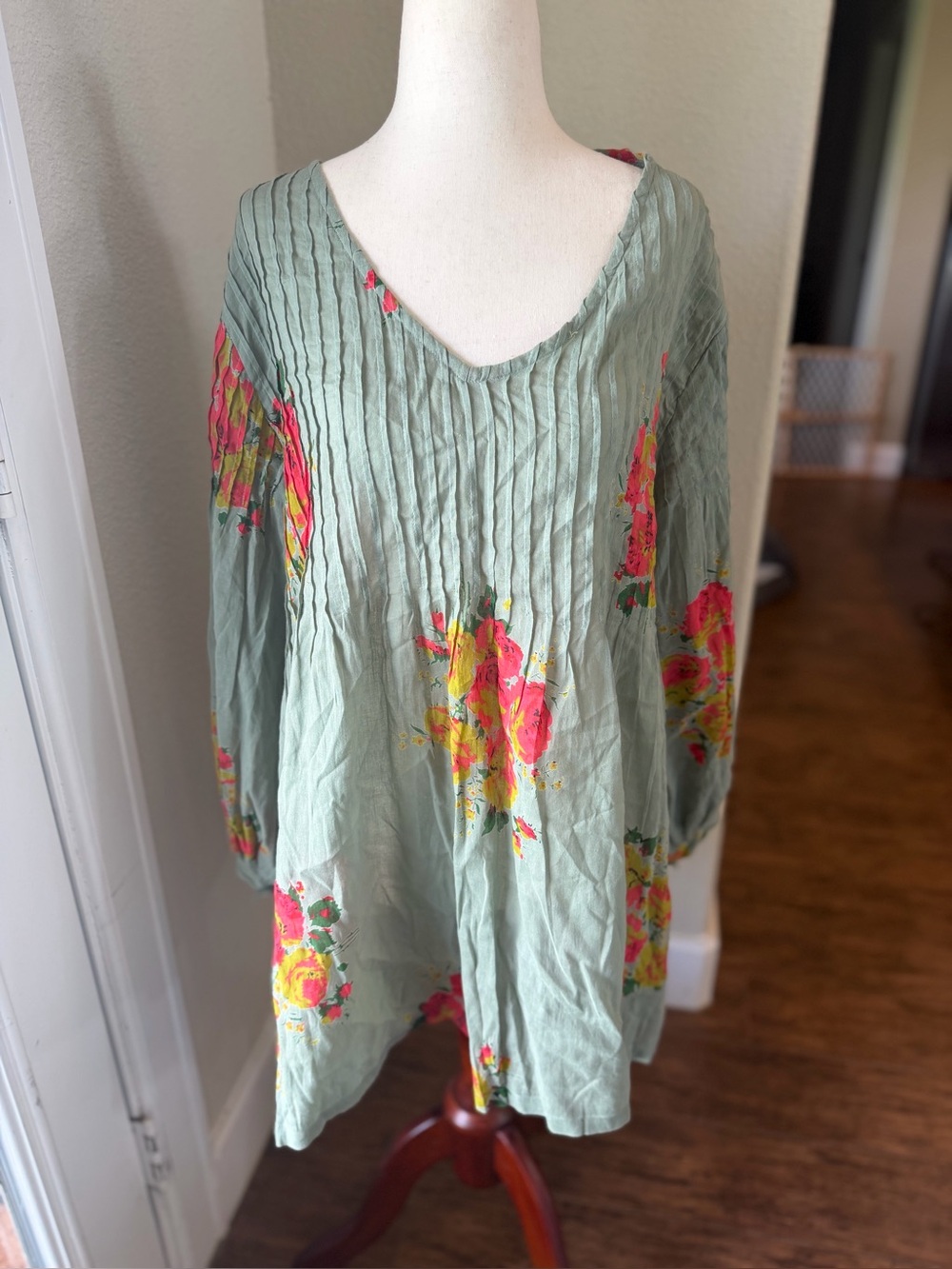 Sage Floral Pintuck Tunic with Bright Bloom Accents